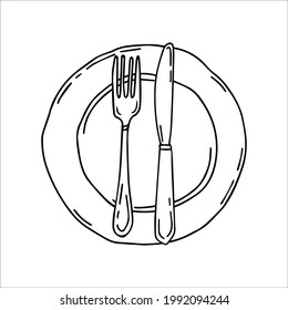 Plate with fork and knife. Cultery. Table settings. Simple food icon in hand drawn style isolated on white background. Vector Illustration. 