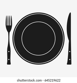 Plate with fork and knife. Cutlery. Place for eating. Vector illustration.