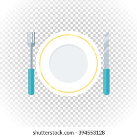 Plate fork knife design flat icon. Food plate, dinner plate isolated, kitchen and restaurant, lunch dining fork knife plate vector illustration