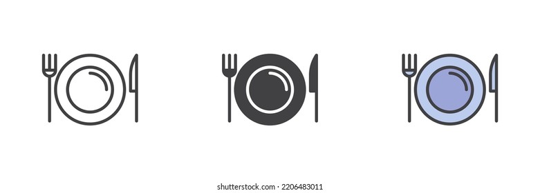 Plate fork and knife different style icon set. Line, glyph and filled outline colorful version, outline and filled vector sign. Restaurant symbol, logo illustration. Vector graphics