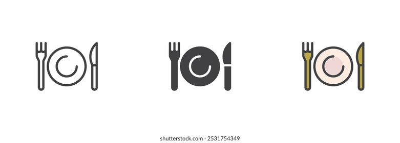 Placa com garfo e faca conjunto de ícone de estilo diferente. Linha, glifo e preenchido esboço versão colorida, contorno e sinal de vetor preenchido. Símbolo do restaurante, ilustração do logotipo