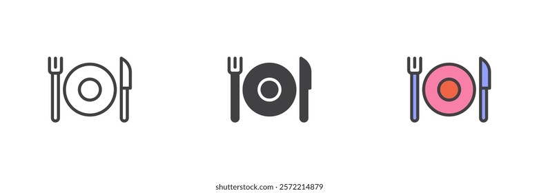 Plate with fork and knife different style icon set. Line, glyph and filled outline colorful version, outline and filled vector sign. Restaurant symbol, logo illustration. Vector graphics