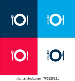 Plate with fork and knife eating set tools from top view four color material and minimal icon logo set in red and blue