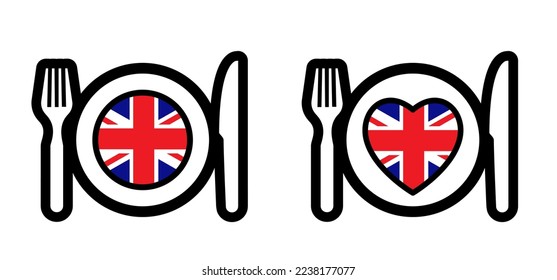 Plate, fork and knife for England dish. Heart plate and Britain flag or Union Jack colors. Kitchen cook or cooking symbol, UK flag. Vector restaurant, menu logo or icon. School, work, English cuisine.