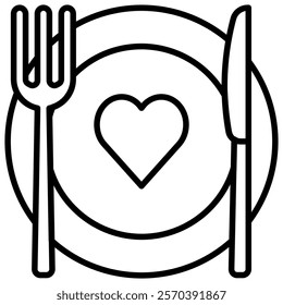 A plate with a fork, knife, and a heart in the center, symbolizing dinner date or the love of food, line art icon illustration. Perfect for Valentine's Day, romantic themes, and related designs