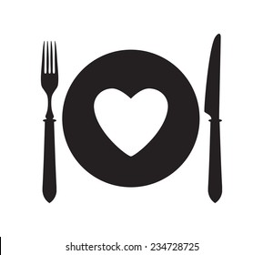 Plate, fork and knife with heart icon. Favourite place symbol.