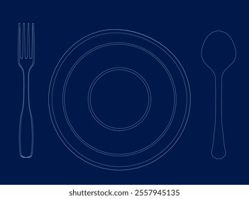 Plate, fork and knife icon with blue stroke
