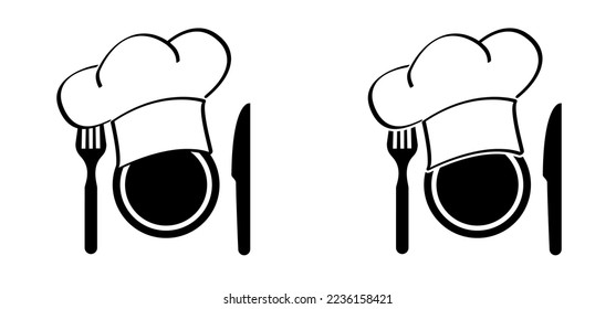 Plate, fork and knife icon. Cartoon chef cap symbol. Kitchen cook or cooking hat. Vector menu logo or icon. School, work cuisine bakery. Ready to eat. Restaurant, baker food. No starvation. Hungary