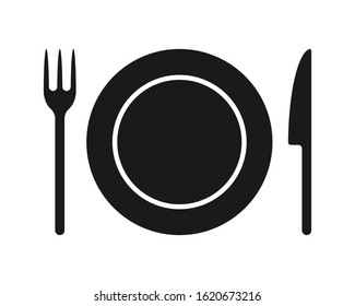 Plate with fork and knife icon. Diner place symbol. Restaurant logo. Isolated on white background. Vector illustration image.