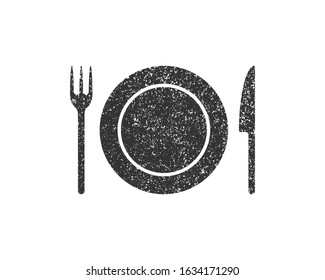 Plate with fork and knife icon. Diner place symbol. Restaurant logo. Grunge style label. Isolated on white background. Vector illustration image.