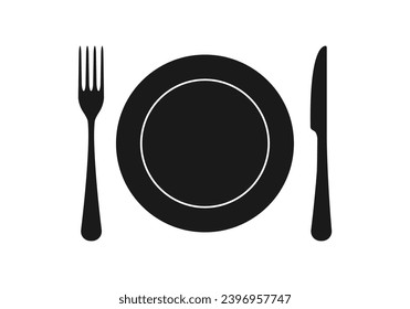 Plate, fork, knife icon. Dinner, meal, food symbol. Restaurant sign. Vector illustration.