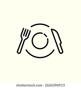 Plate, fork and knife icon. Dinner setting, tableware. Serving dinner. Dishes and utensils. Vector