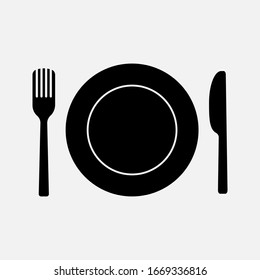 Plate, fork and knife icon in flat style. Food symbol isolated on white background. Bar, cafe, hotel concept