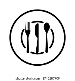 Icono de placa, tenedor y cuchillo en estilo plano. Símbolo de la comida aislado de fondo blanco. Bar, cafetería, concepto de hotel