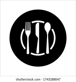Plate, fork and knife icon in flat style. Food symbol isolated on white background. Bar, cafe, hotel concept