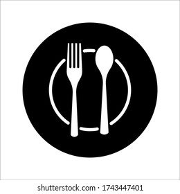 Plate, fork and knife icon in flat style. Food symbol isolated on white background. Bar, cafe, hotel concept