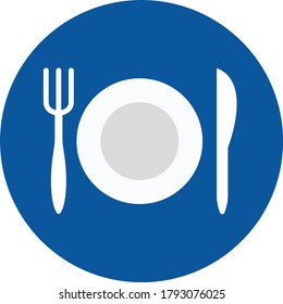 Plate, fork and knife icon in flat style. Food symbol isolated on white background. Bar, cafe, hotel concept. Simple eating icon in black. Vector illustration for graphic design, Web, UI, mobile upp