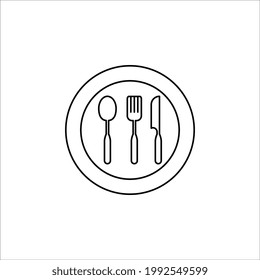 Icono de placa, tenedor y cuchillo en estilo plano. Ilustración vectorial de símbolo de alimento. Bar, cafetería, concepto de hotel con fondo blanco. modificable por color