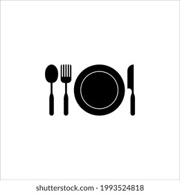 Icono de placa, tenedor y cuchillo en estilo plano. Ilustración vectorial de símbolo de alimento. Bar, cafetería, concepto de hotel con fondo blanco. modificable por color