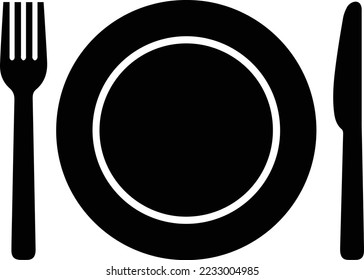 Icono de placa, tenedor y cuchillo en estilo plano. Símbolo de la comida aislado de fondo blanco. Bar, cafetería, concepto de hotel. Un simple icono de comer en negro. Ilustración vectorial para diseño gráfico, Web, UI, actualización móvil
