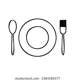 Plate, fork and knife icon in flat style. Food symbol isolated on white background. Bar, cafe, hotel concept. Simple eating icon in black. Vector illustration for graphic design, Web, UI, mobile upp