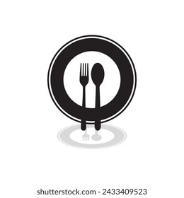 Platte, Gabel und Messer-Ikone im flachen Stil. Lebensmittel-Symbol isolierte Platte Symbol. Flache Vektor-Illustration in schwarz auf weißem Hintergrund. EPS 10