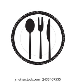 Plate, fork and knife icon in flat style. Food symbol isolated Plate icon. Flat vector illustration in black on white background. EPS 10