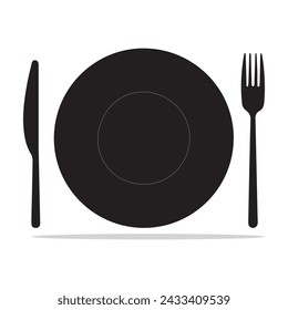 Plate, fork and knife icon in flat style. Food symbol isolated Plate icon. Flat vector illustration in black on white background. EPS 10