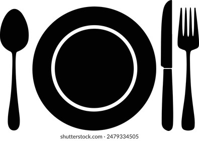 Icono de placa, tenedor y cuchillo en estilo plano. Icono de placa aislado. Ilustración vectorial plana en negro sobre fondo blanco. Ilustración vectorial