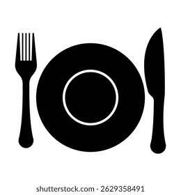 Plate, fork and knife icon, in flat style. Food symbol isolated on white background. Bar, cafe, hotel concept