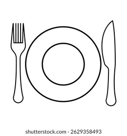 Plate, fork and knife icon, in flat style. Food symbol isolated on white background. Bar, cafe, hotel concept