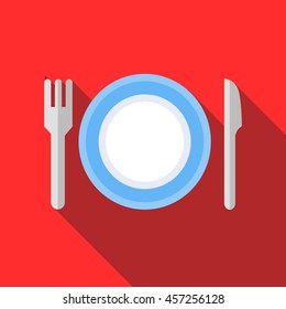 Plate with fork and knife icon in flat style with long shadow. Dishes symbol