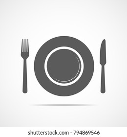 Plate, fork and knife icon in flat design. Vector illustration. Gray restaurant symbol.