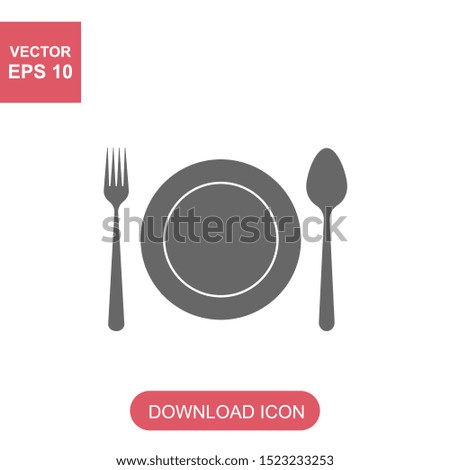 Plate, fork and knife icon in flat style on white background