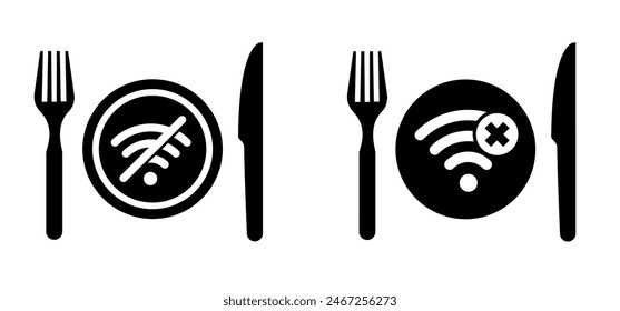 Plate, fork and knife icon. Food symbol. No wifi or Wi-Fi. No WiFi signal during dinner. Eating, ready to eat healthy food. Vector logo  for breakfast, lunch meal service concept.