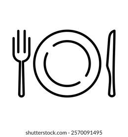 Plate, fork, and knife icon, illustration of cutlery, isolated on white