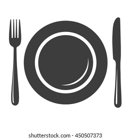 Plate with fork and knife icon isolated on white background