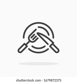 Plate, fork and knife icon in line style. For your design, logo. Vector illustration. Editable Stroke.