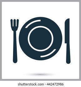 Plate, fork and knife icon on the background