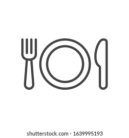 Plate, fork and knife icon in outline design. Vector illustration isolated on white background.