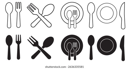 Plate, fork and knife icon set. eps file 10