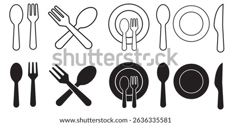 Plate, fork and knife icon set. eps file 10