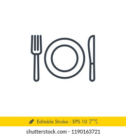 Plate, Fork, Knife Icon / Vector - In Line / Stroke Design