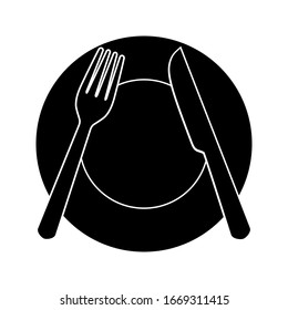 Plate, fork and knife icon vector in flat style. Food symbol isolated on blank background.