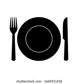 Plate, fork and knife icon vector in flat style. Food symbol isolated on blank background.