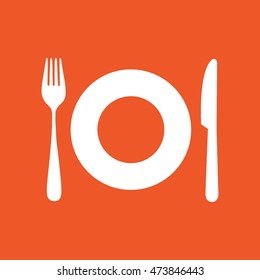 Plate fork knife icon vector illustration. White cutlery set. Orange background