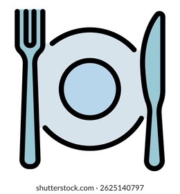 Plate fork knife icons set. Outline set of plate fork knife vector icons thin line color flat on white