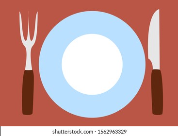 Placa con tenedor y cuchillo, ilustración, vector sobre fondo blanco.