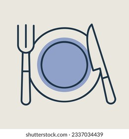 Plate, fork and knife isolated icon. Vector illustration, romance elements. Sticker, patch, badge, card for marriage, valentine