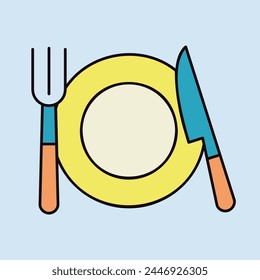Plate, fork and knife isolated icon. Vector illustration, romance elements. Sticker, patch, badge, card for marriage, valentine